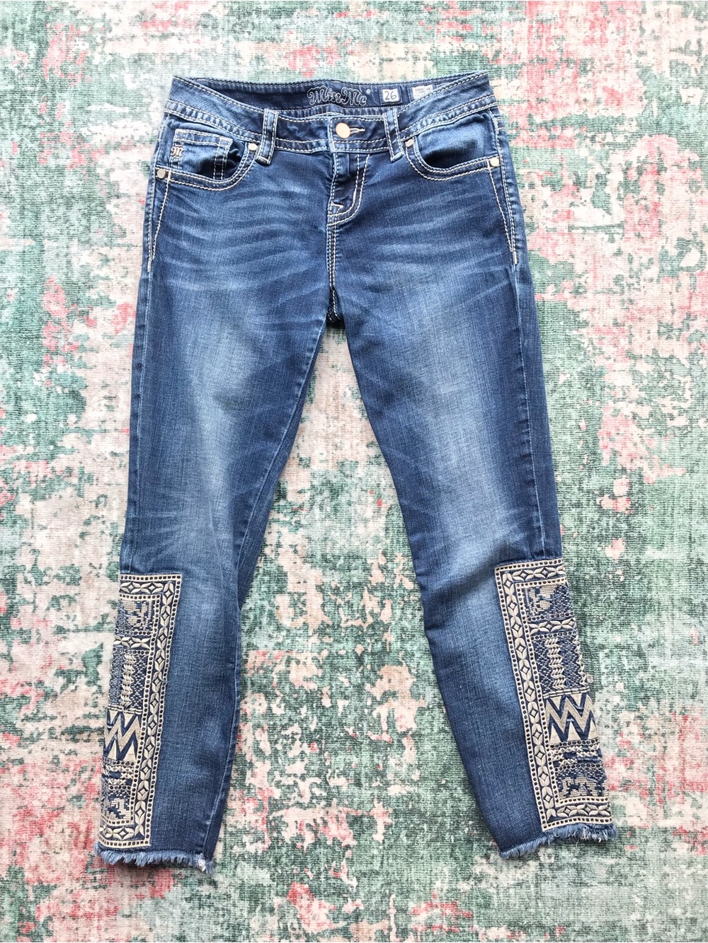 Miss Me Dark Blue Skinny Jeans with Embroidered Cuff Panels